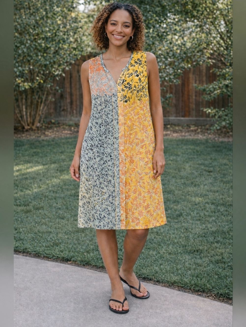 Cabi Floral Colorblock Pull-On Dress | Resort Sleeveless Knee-Length